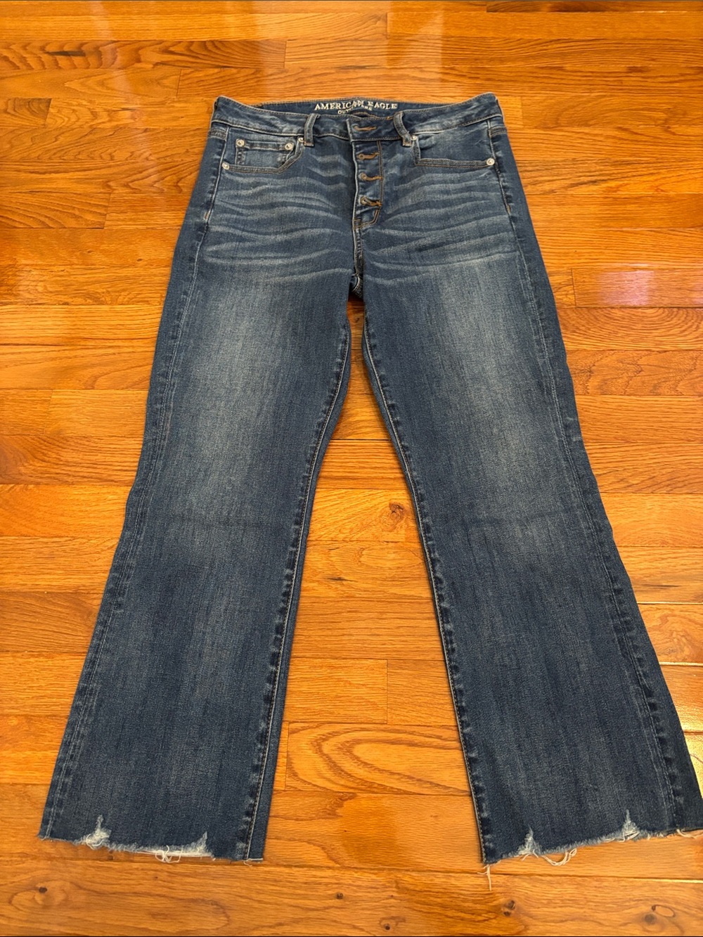 American Eagle Outfitters Dark Blue High-Rise Button-Fly cropped Flare Jeans
